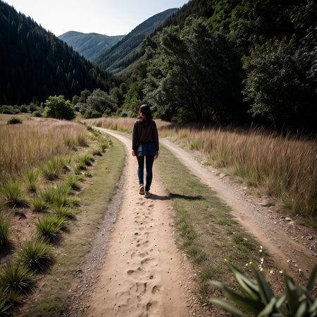 Young woman walking on a dirt road in the mountains, back viewの素材
