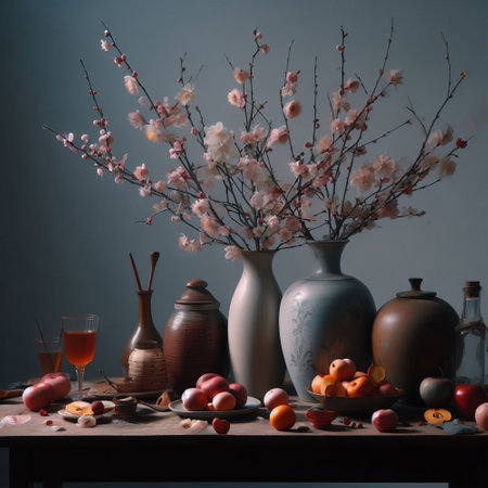 Still life with a vase of apricot flowers and fruit on the tableの素材