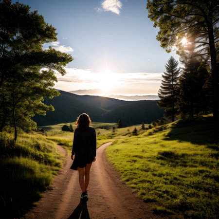 Young woman walking on a trail in the mountains at sunset. Rear view.の素材