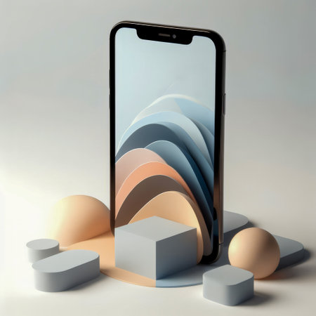 3d rendering of a smartphone with an abstract pattern on the screenの素材
