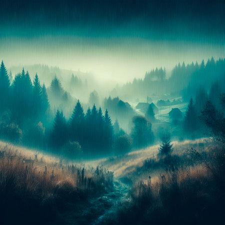 Mysterious foggy morning in the Carpathian mountains, Ukraineの素材
