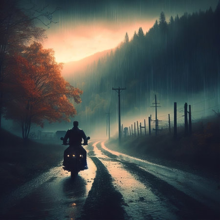 Man driving a motorbike on the road in the foggy forestの素材