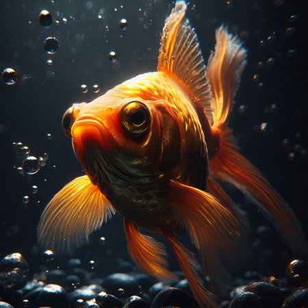 Goldfish in aquarium. Goldfish swimming in water with bubbles.の素材