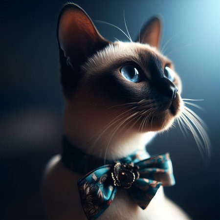 Sphynx cat with blue eyes and bow tie on dark backgroundの素材