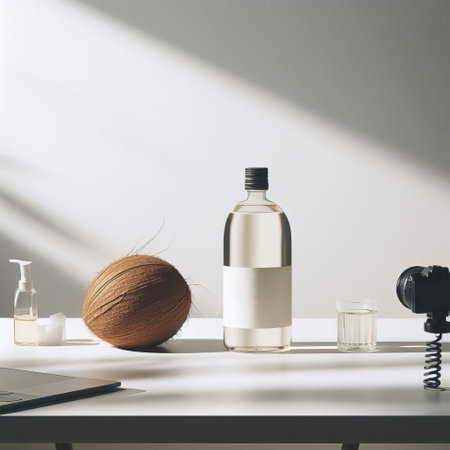 Coconut oil bottle on white table. Mock up, 3D Renderingの素材