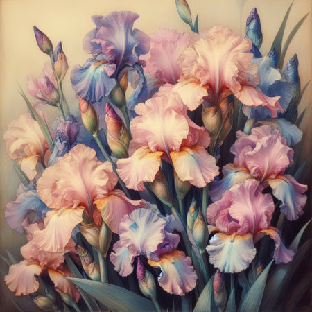 Bouquet of irises in pastel colors. Toned.の素材