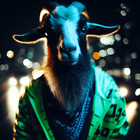 Portrait of a young stylish hipster man with a beard and mustache in a green jacket on the street at night.の素材