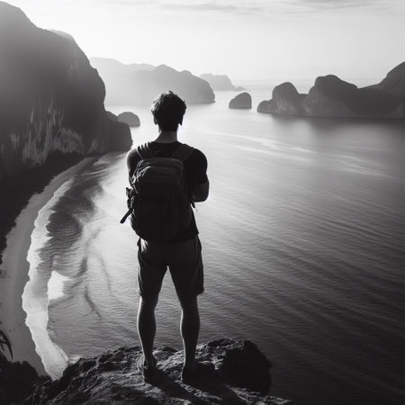 Silhouette of a man with a backpack standing on the edge of a cliff and looking at the sea.の素材