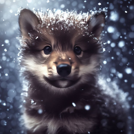 Portrait of a cute fluffy dog on a background of snow.の素材