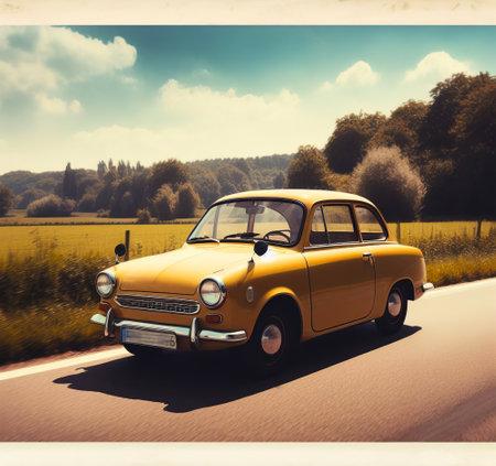 Vintage car on the road. Photo in old color image style.の素材