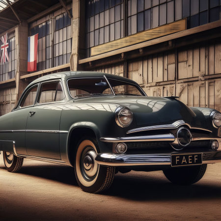 Vintage american car in an old garage. 3d renderingの素材