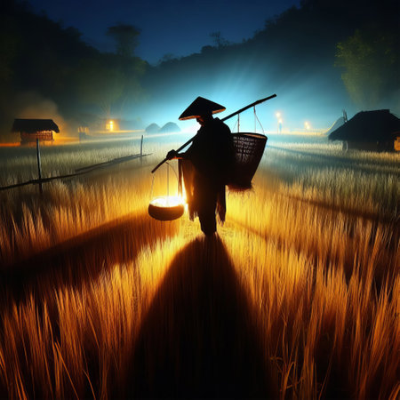 Farmer in the rice field at night with fog and light.の素材