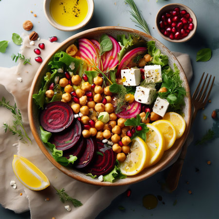Vegetarian salad with chickpeas, beetroot and feta cheeseの素材