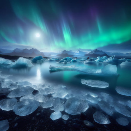 Beautiful aurora borealis and icebergs in the night skyの素材
