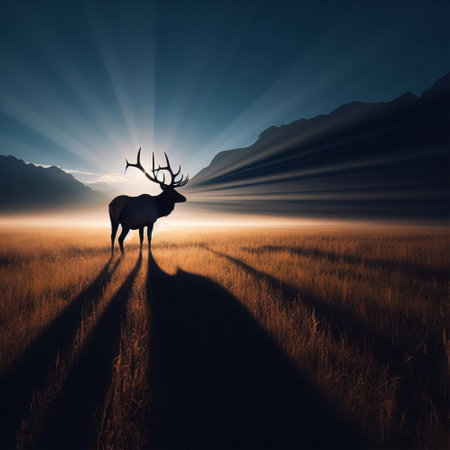 Silhouette of a deer in the meadow at sunset.の素材