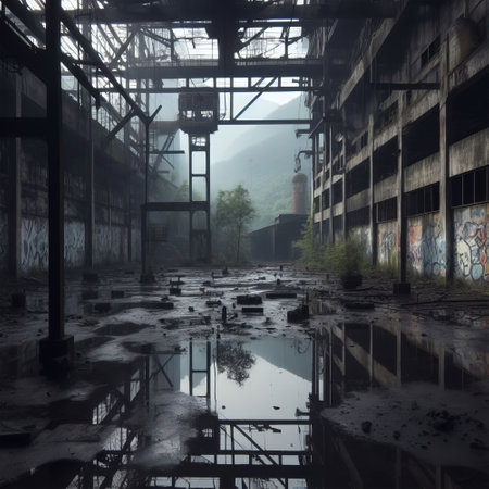 Abandoned factory in the mist,3d rendering. Computer digital drawing.の素材