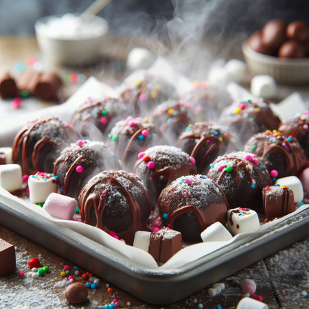 Chocolate balls with marshmallows and sprinkles, selective focusの素材