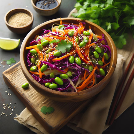 Salad of mixed vegetables with sesame seeds in a wooden bowlの素材