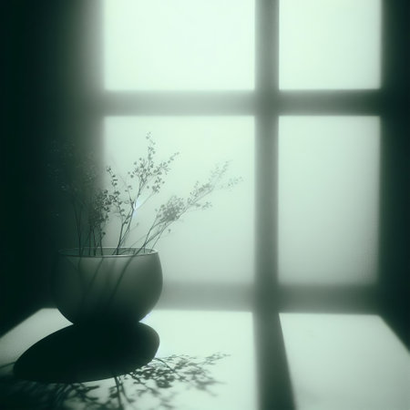 flowers in a vase on the windowsill, filtered imageの素材