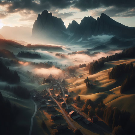 Foggy morning in the mountains. 3d render illustration.の素材