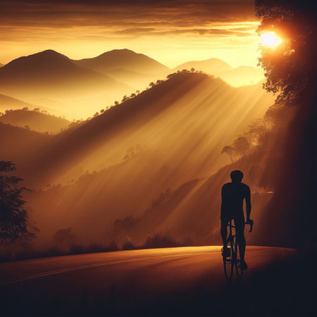 Silhouette of a cyclist on the road against the background of the mountains.の素材