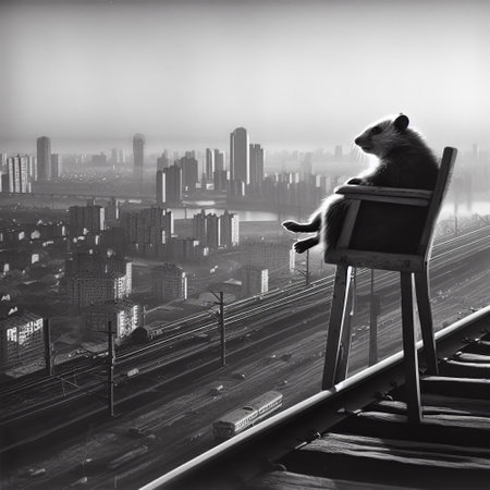 The rat sits on a chair in the background of the city.の素材