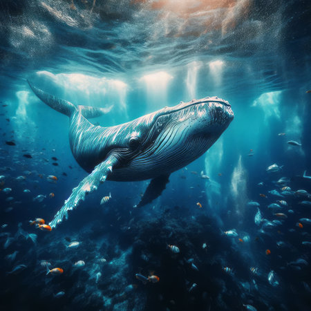 Whale swimming in the ocean. Underwater world. 3d renderingの素材