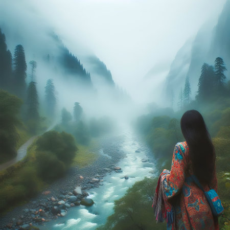A girl in a colorful shawl walks along a mountain river in the fog.の素材