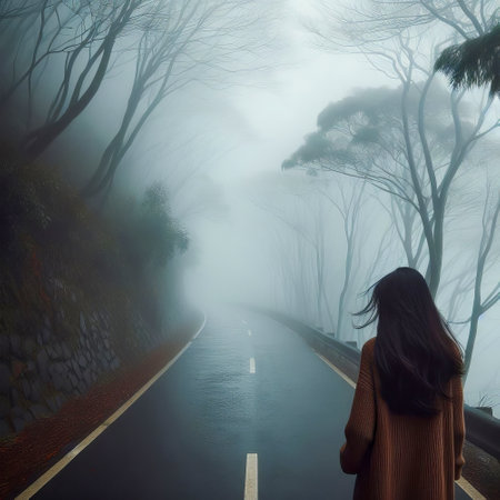 Beautiful asian woman walking on the road with foggy backgroundの素材