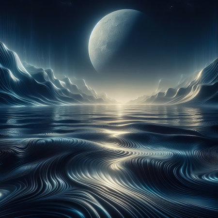 Fantasy landscape with moon and sea. 3d render illustration.の素材