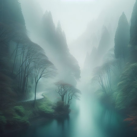 Foggy landscape with river and trees in the forest, 3d renderの素材