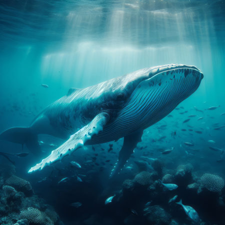 Whale swimming in the deep blue ocean. Underwater photography.の素材