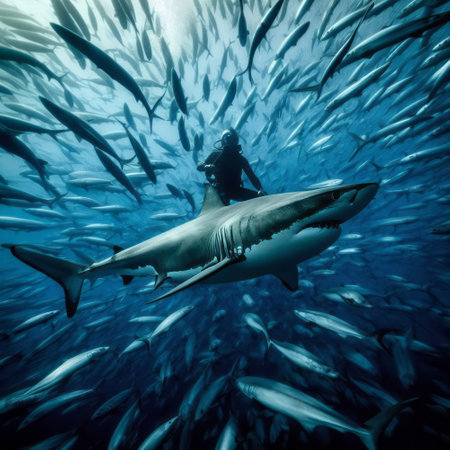 Picture shows a Carcharodon carcharias, shark and diverの素材