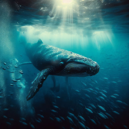 Whale swimming in deep blue ocean with sunrays and fish.の素材