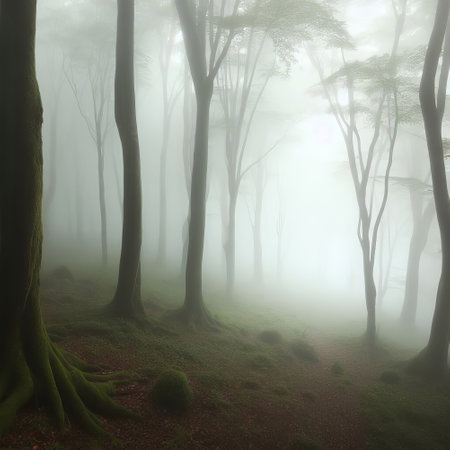 Mysterious foggy forest in the morning, 3d renderの素材