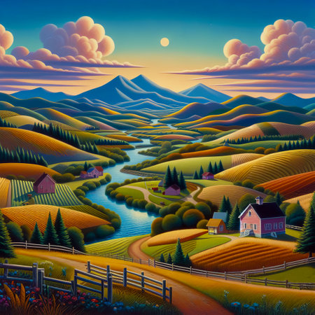 Rural landscape with farm and lake at sunset. Vector illustration.の素材