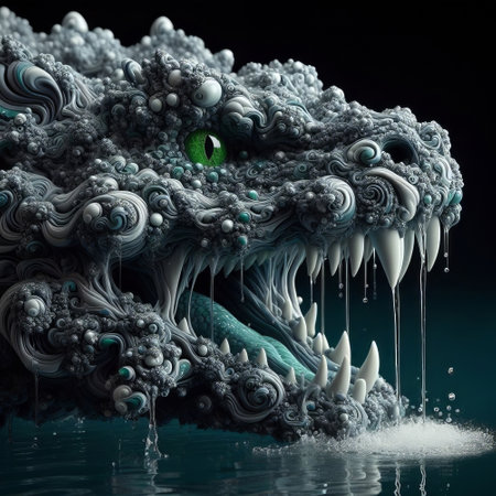 3d rendering of a fantasy dragon in water with ice crystals.の素材