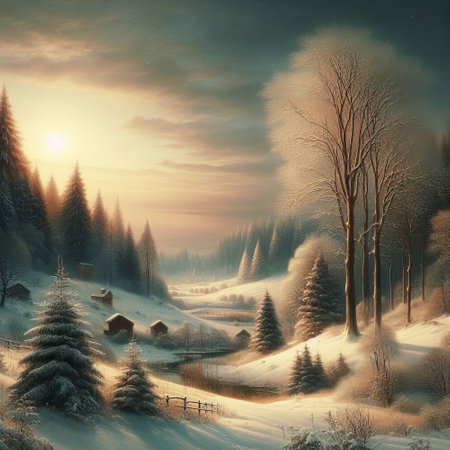 Winter landscape with trees in snow and fog. Digital painting. 3d illustrationの素材