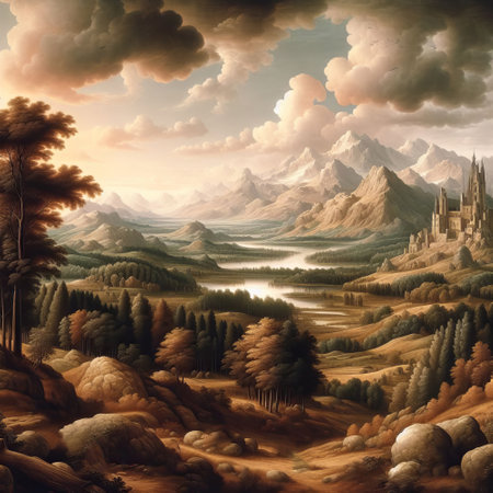 Fantasy landscape with mountains, forest and lake. Digital painting.の素材