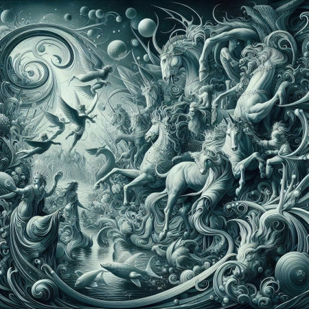 Grunge fantasy background with mermaids, horses and cloudsの素材
