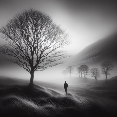 Digital composite of silhouette of man walking in misty landscape with treeの素材