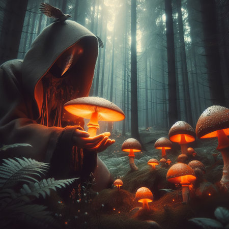 Halloween witch in the forest with mushrooms. 3D rendering.の素材