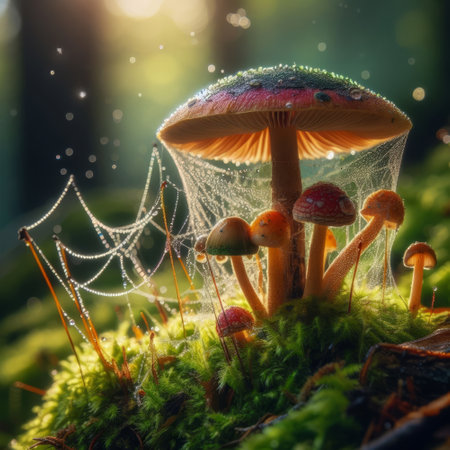 mushroom in the forest with dew drops and spider webの素材