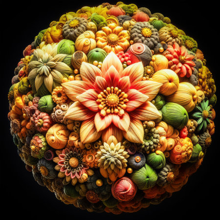 Multicolored yarn balls for knitting in the form of a flowerの素材