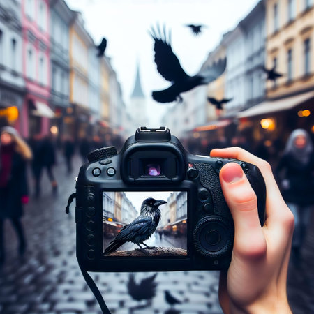 Cropped image of hand holding a camera with a bird on the streetの素材