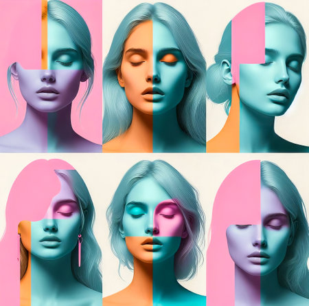 Collage of 3d female face. Portrait of a beautiful woman with different hair colors.の素材