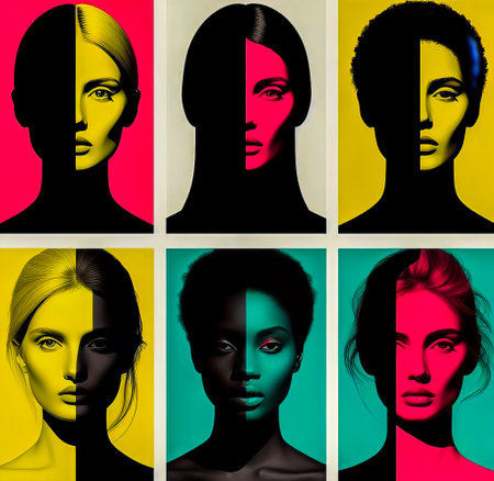 Black and yellow female silhouettes. Set of portraits of beautiful woman.の素材