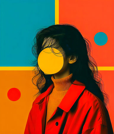 Beautiful girl in a red coat with a yellow circle on her face.の素材