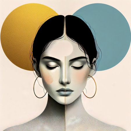 Illustration of a beautiful girl with closed eyes. Collage.の素材