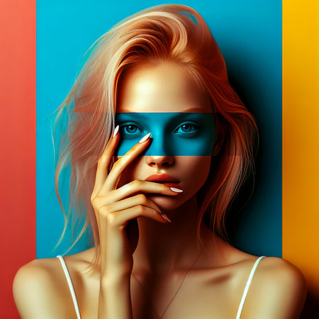 Fashion art portrait of beautiful young woman with blue and orange make-upの素材
